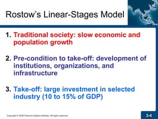 Copyright © 2009 Pearson Addison-Wesley. All rights reserved. 3-4
Rostow’s Linear-Stages Model
1. Traditional society: slow economic and
population growth
2. Pre-condition to take-off: development of
institutions, organizations, and
infrastructure
3. Take-off: large investment in selected
industry (10 to 15% of GDP)
 