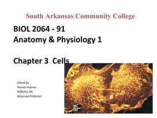BIOL 2064 - 91 Anatomy & Physiology 1 Chapter 3  Cells  Edited by Brenda Holmes MSN/Ed, RN Associate Professor South Arkansas Community College 