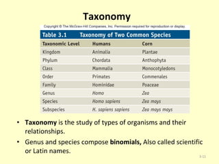 Taxonomy Taxonomy  is the study of types of organisms and their relationships. Genus and species compose  binomials,  Also called scientific or Latin names. 3- 