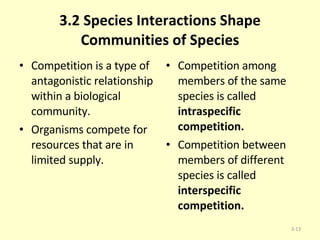 3.2 Species Interactions Shape Communities of Species Competition is a type of antagonistic relationship within a biological community. Organisms compete for resources that are in limited supply. Competition among members of the same species is called  intraspecific competition. Competition between members of different species is called  interspecific competition. 3- 
