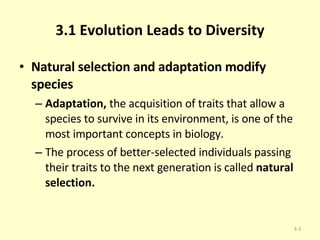 3.1 Evolution Leads to Diversity Natural selection and adaptation modify species Adaptation,  the acquisition of traits that allow a species to survive in its environment, is one of the most important concepts in biology. The process of better-selected individuals passing their traits to the next generation is called  natural selection. 3- 