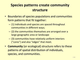 Species patterns create community structure Boundaries of species populations and communities form patterns that fit together: (1) individuals and species are spaced throughout communities in different ways; (2) the communities themselves are arranged over a large geographic area or landscape (3) communities have relatively uniform interiors (“cores”) and also “edges” that meet.  Community  (or ecological) structure refers to these patterns of spatial distribution of individuals, species, and communities. 3- 