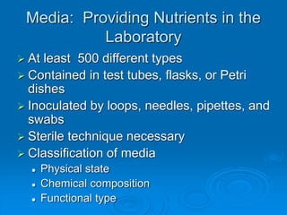 Media: Providing Nutrients in the
Laboratory
 At least 500 different types
 Contained in test tubes, flasks, or Petri
dishes
 Inoculated by loops, needles, pipettes, and
swabs
 Sterile technique necessary
 Classification of media
 Physical state
 Chemical composition
 Functional type
 