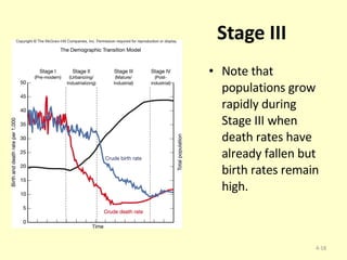 Stage III Note that populations grow rapidly during Stage III when death rates have already fallen but birth rates remain high.  4- 