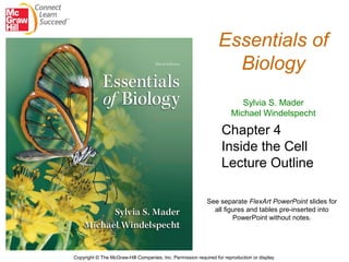 Essentials of
Biology
Sylvia S. Mader
Michael Windelspecht
Chapter 4
Inside the Cell
Lecture Outline
Copyright © The McGraw-Hill Companies, Inc. Permission required for reproduction or display.
See separate FlexArt PowerPoint slides for
all figures and tables pre-inserted into
PowerPoint without notes.
 