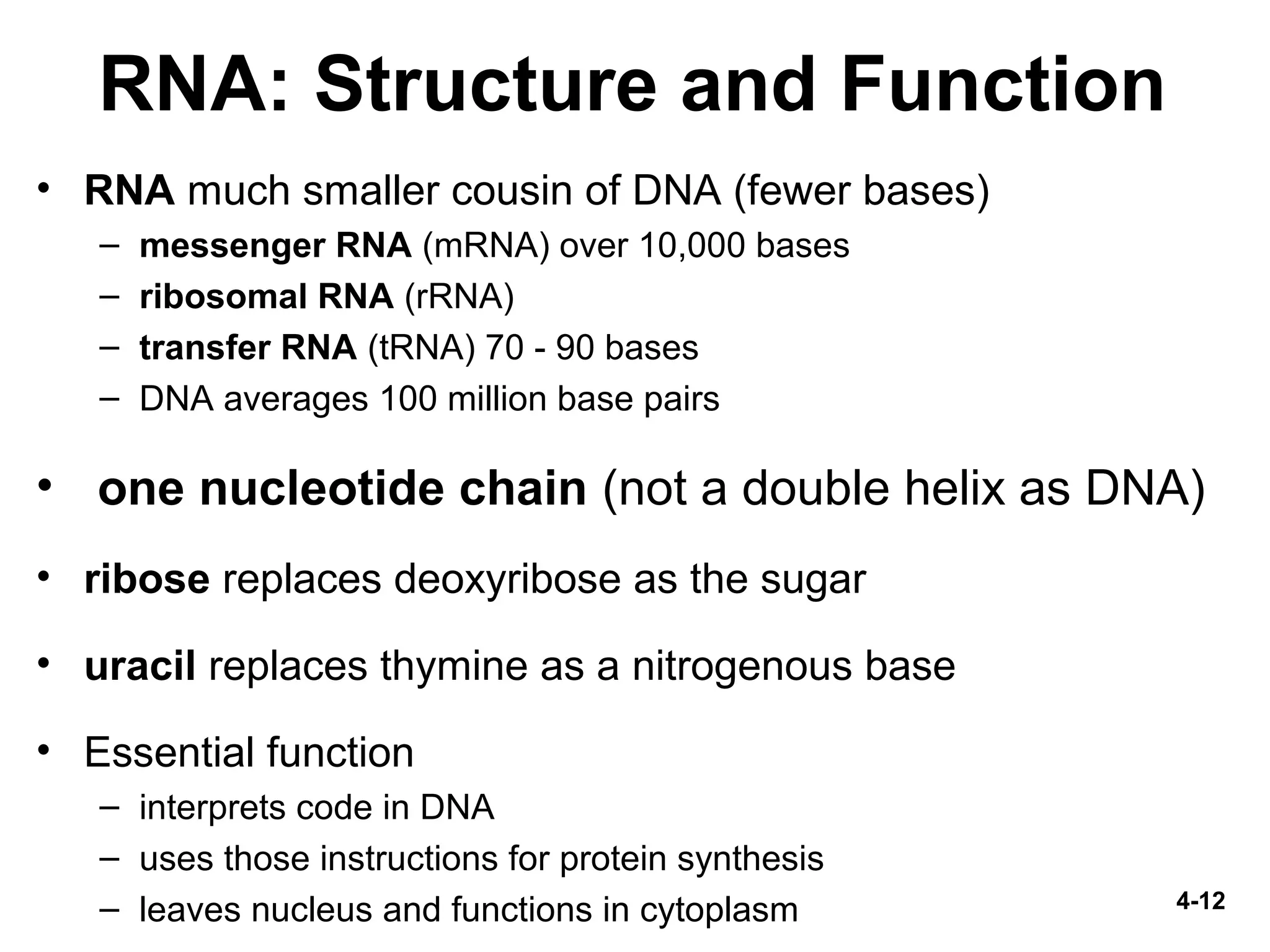 4-12
RNA: Structure and Function
• RNA much smaller cousin of DNA (fewer bases)
– messenger RNA (mRNA) over 10,000 bases
– ribosomal RNA (rRNA)
– transfer RNA (tRNA) 70 - 90 bases
– DNA averages 100 million base pairs
• one nucleotide chain (not a double helix as DNA)
• ribose replaces deoxyribose as the sugar
• uracil replaces thymine as a nitrogenous base
• Essential function
– interprets code in DNA
– uses those instructions for protein synthesis
– leaves nucleus and functions in cytoplasm
 