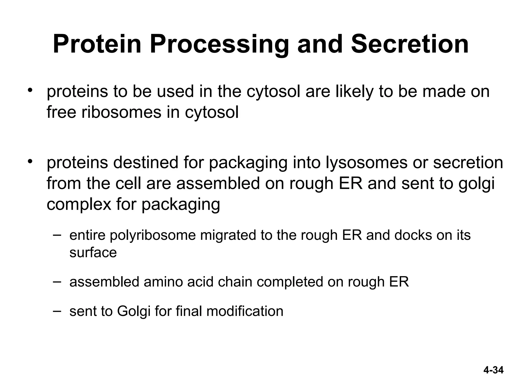 4-34
Protein Processing and Secretion
• proteins to be used in the cytosol are likely to be made on
free ribosomes in cytosol
• proteins destined for packaging into lysosomes or secretion
from the cell are assembled on rough ER and sent to golgi
complex for packaging
– entire polyribosome migrated to the rough ER and docks on its
surface
– assembled amino acid chain completed on rough ER
– sent to Golgi for final modification
 
