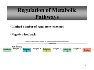 1
Regulation of Metabolic
Pathways
• Limited number of regulatory enzymes
• Negative feedback
Inhibition
Substrate
1
Substrate
2
Enzyme B Substrate
3
Enzyme C Substrate
4
Enzyme D
Product
Rate-limiting
Enzyme A
Copyright © The McGraw-Hill Companies, Inc. Permission required for reproduction or display.
 