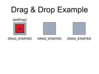 Drag & Drop Example
DRAG_STARTED DRAG_STARTED DRAG_STARTED
startDrag()
 