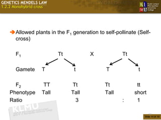 GENETICS MENDELS LAW
1.2.2 Monohybrid cross




    Allowed plants in the F1 generation to self-pollinate (Self-
     cross)

      F1                  Tt          X             Tt

      Gamete       T            t            T             t

      F2            TT         Tt            Tt            tt
    Phenotype      Tall        Tall          Tall         short
    Ratio                       3                   :      1

                                                                  14
                                                               Slide 14 of 10
 