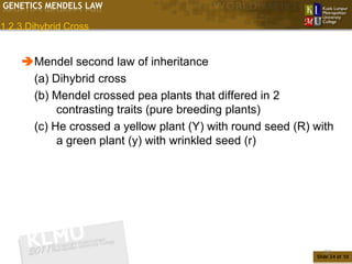 GENETICS MENDELS LAW

1.2.3.Dihybrid Cross


    Mendel second law of inheritance
     (a) Dihybrid cross
     (b) Mendel crossed pea plants that differed in 2
          contrasting traits (pure breeding plants)
     (c) He crossed a yellow plant (Y) with round seed (R) with
          a green plant (y) with wrinkled seed (r)




                                                              24
                                                           Slide 24 of 10
 