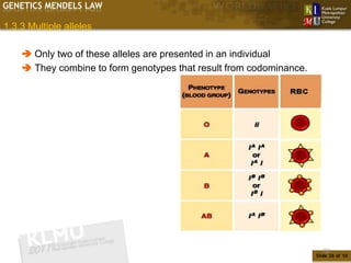 GENETICS MENDELS LAW

1.3.3 Multiple alleles

     Only two of these alleles are presented in an individual
     They combine to form genotypes that result from codominance.




                                                                        36
                                                                     Slide 36 of 10
 