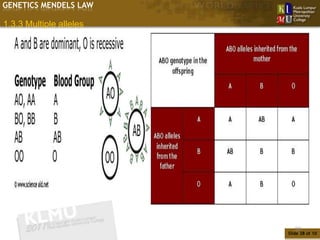 GENETICS MENDELS LAW

1.3.3 Multiple alleles




                            38
                         Slide 38 of 10
 