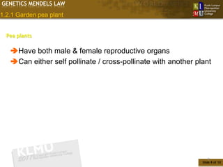 GENETICS MENDELS LAW

1.2.1 Garden pea plant


  Pea plants


   Have both male & female reproductive organs
   Can either self pollinate / cross-pollinate with another plant




                                                                  8
                                                               Slide 8 of 10
 