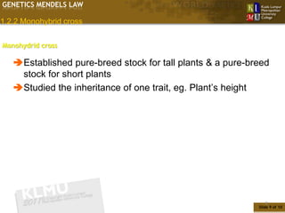 GENETICS MENDELS LAW

1.2.2 Monohybrid cross


Monohydrid cross

   Established pure-breed stock for tall plants & a pure-breed
    stock for short plants
   Studied the inheritance of one trait, eg. Plant’s height




                                                               9
                                                            Slide 9 of 10
 