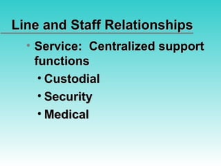 Line and Staff Relationships Service:  Centralized support functions Custodial Security Medical 