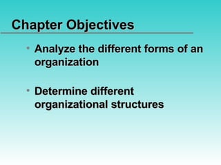 Chapter Objectives Analyze the different forms of an organization Determine different organizational structures 