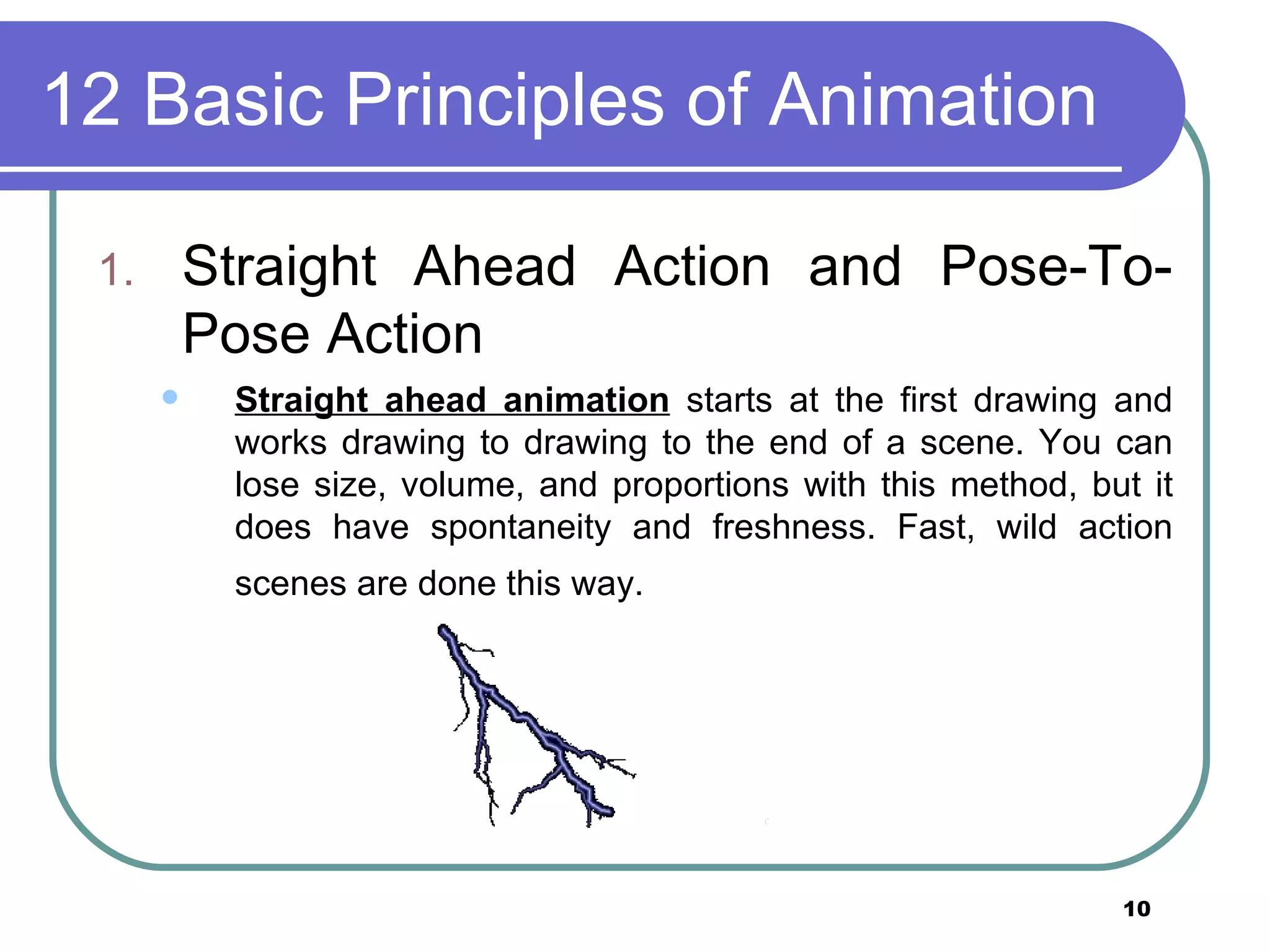 12 Basic Principles of Animation Straight Ahead Action and Pose-To-Pose Action Straight ahead animation  starts at the first drawing and works drawing to drawing to the end of a scene. You can lose size, volume, and proportions with this method, but it does have spontaneity and freshness. Fast, wild action scenes are done this way.   