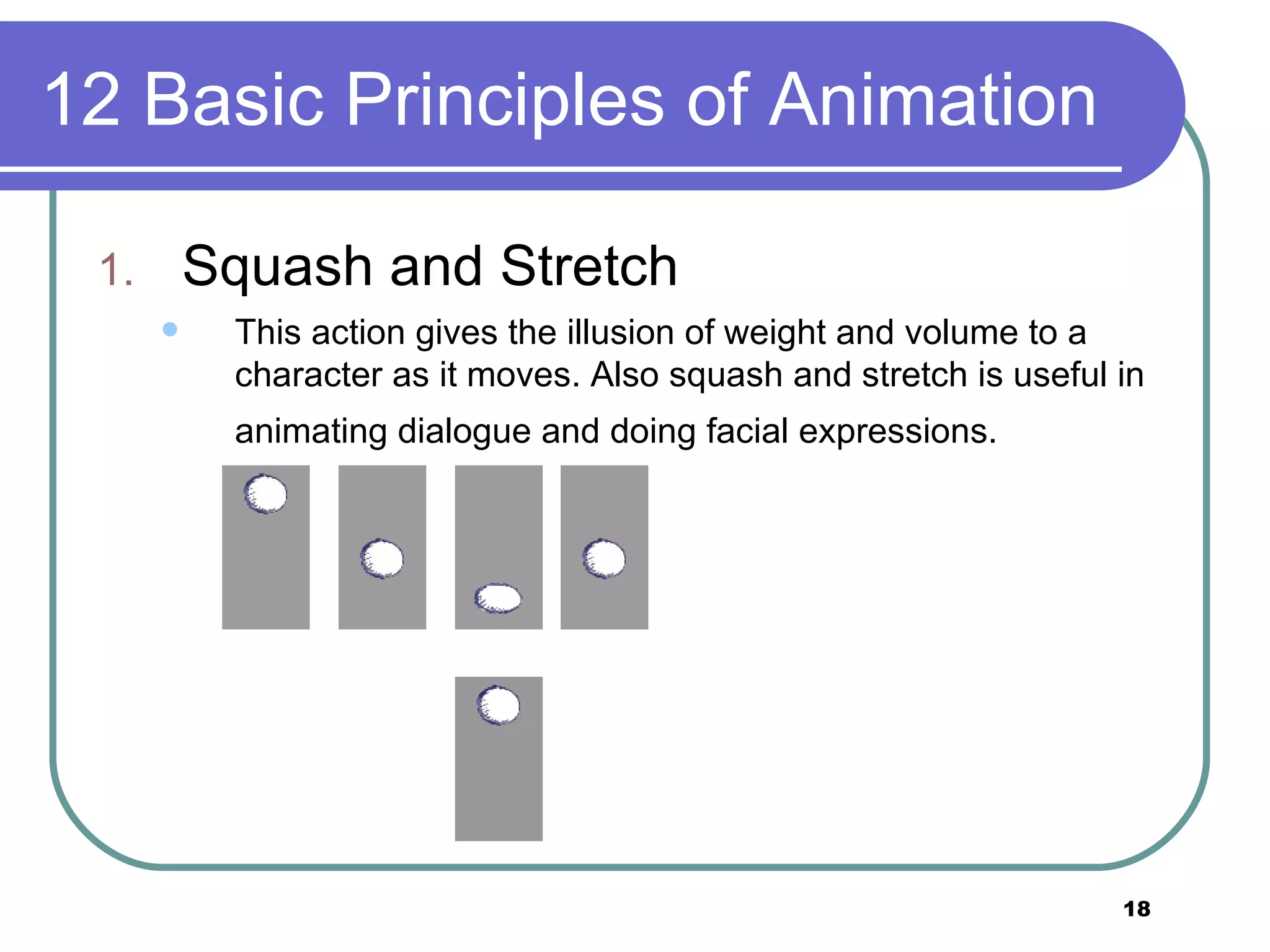 12 Basic Principles of Animation Squash and Stretch This action gives the illusion of weight and volume to a character as it moves. Also squash and stretch is useful in animating dialogue and doing facial expressions.   