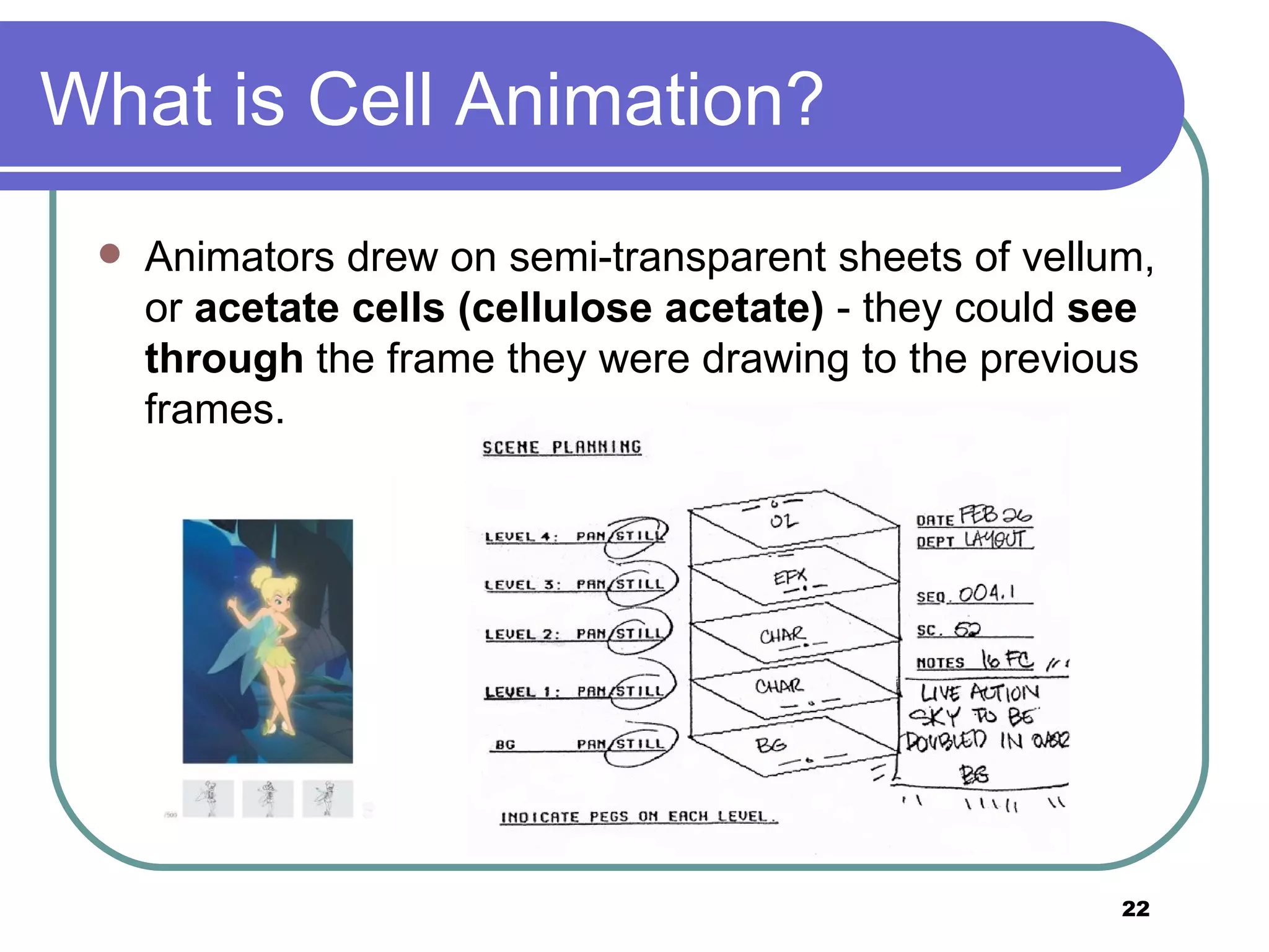 What is Cell Animation? Animators drew on semi-transparent sheets of vellum, or  acetate cells (cellulose acetate)  - they could  see through  the frame they were drawing to the previous frames.  