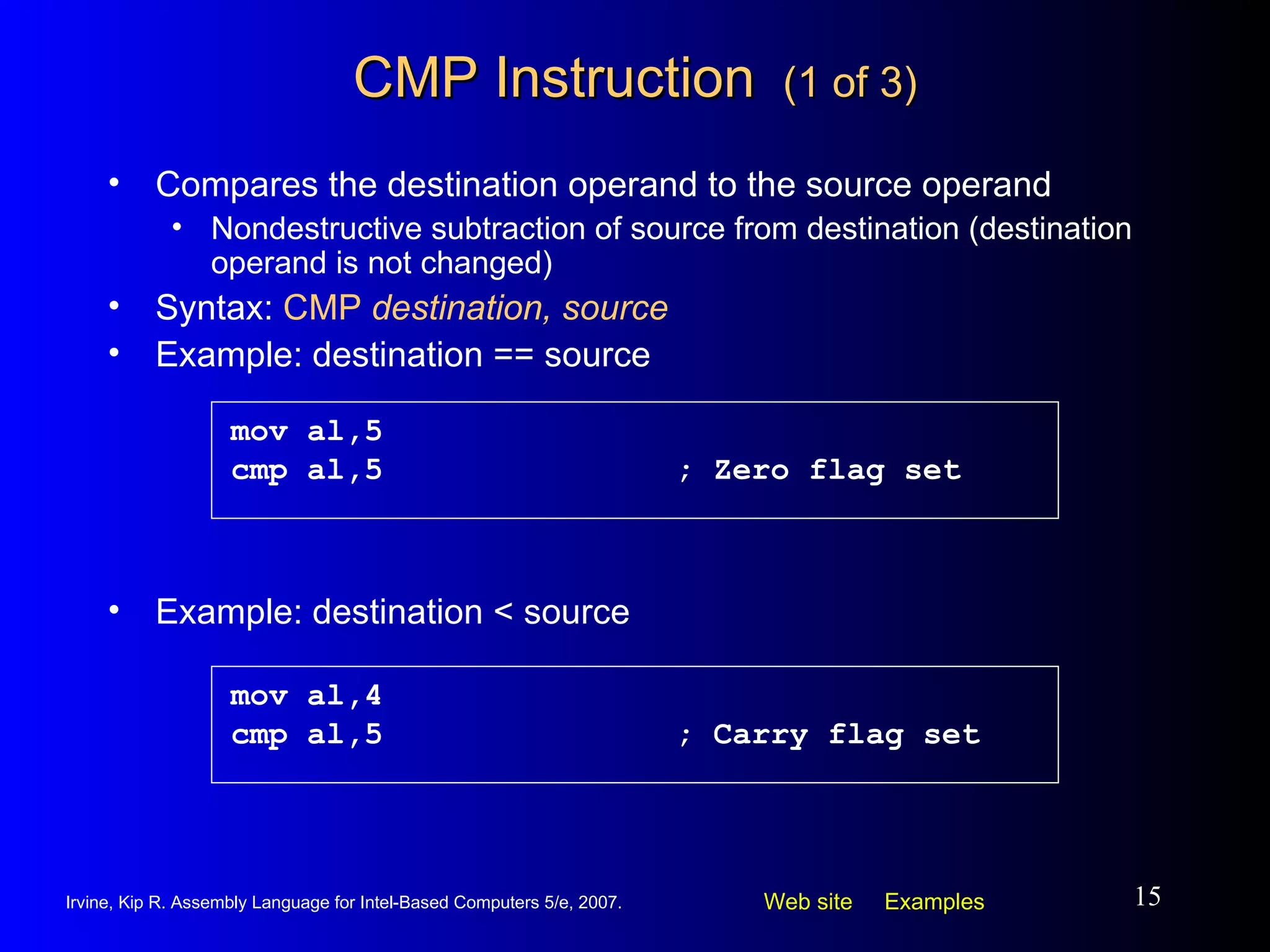 CMP Instruction  (1 of 3) Compares the destination operand to the source operand Nondestructive subtraction of source from destination (destination operand is not changed) Syntax:  CMP  destination, source Example: destination == source mov al,5 cmp al,5 ; Zero flag set Example: destination < source mov al,4 cmp al,5 ; Carry flag set 