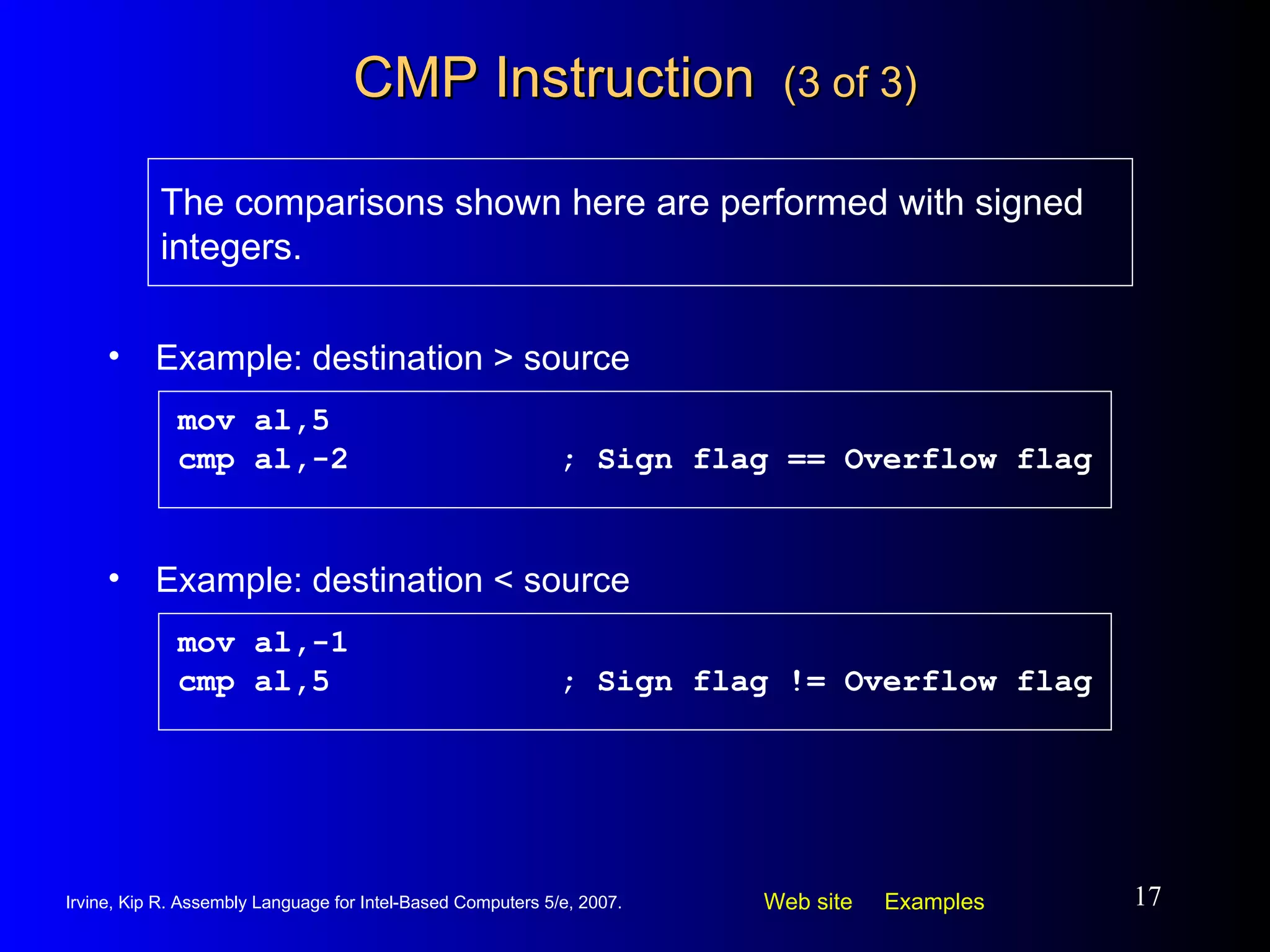 CMP Instruction  (3 of 3) Example: destination > source mov al,5 cmp al,-2 ; Sign flag == Overflow flag The comparisons shown here are performed with signed integers. Example: destination < source mov al,-1 cmp al,5 ; Sign flag != Overflow flag 