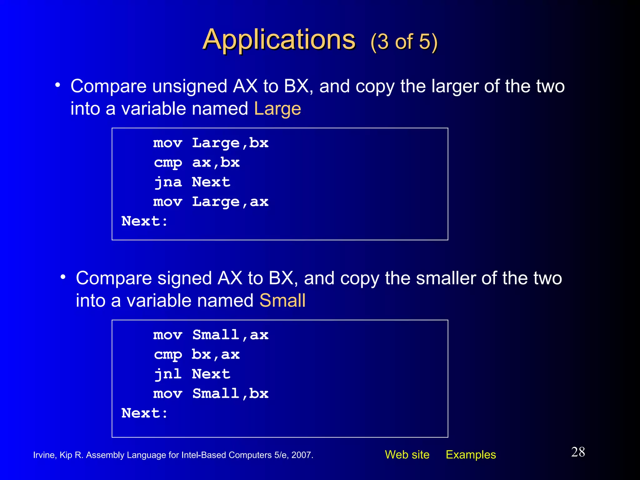 Applications  (3 of 5) mov Large,bx cmp ax,bx jna Next mov Large,ax Next: Compare unsigned AX to BX, and copy the larger of the two into a variable named  Large mov Small,ax cmp bx,ax jnl Next mov Small,bx Next: Compare signed AX to BX, and copy the smaller of the two into a variable named  Small 