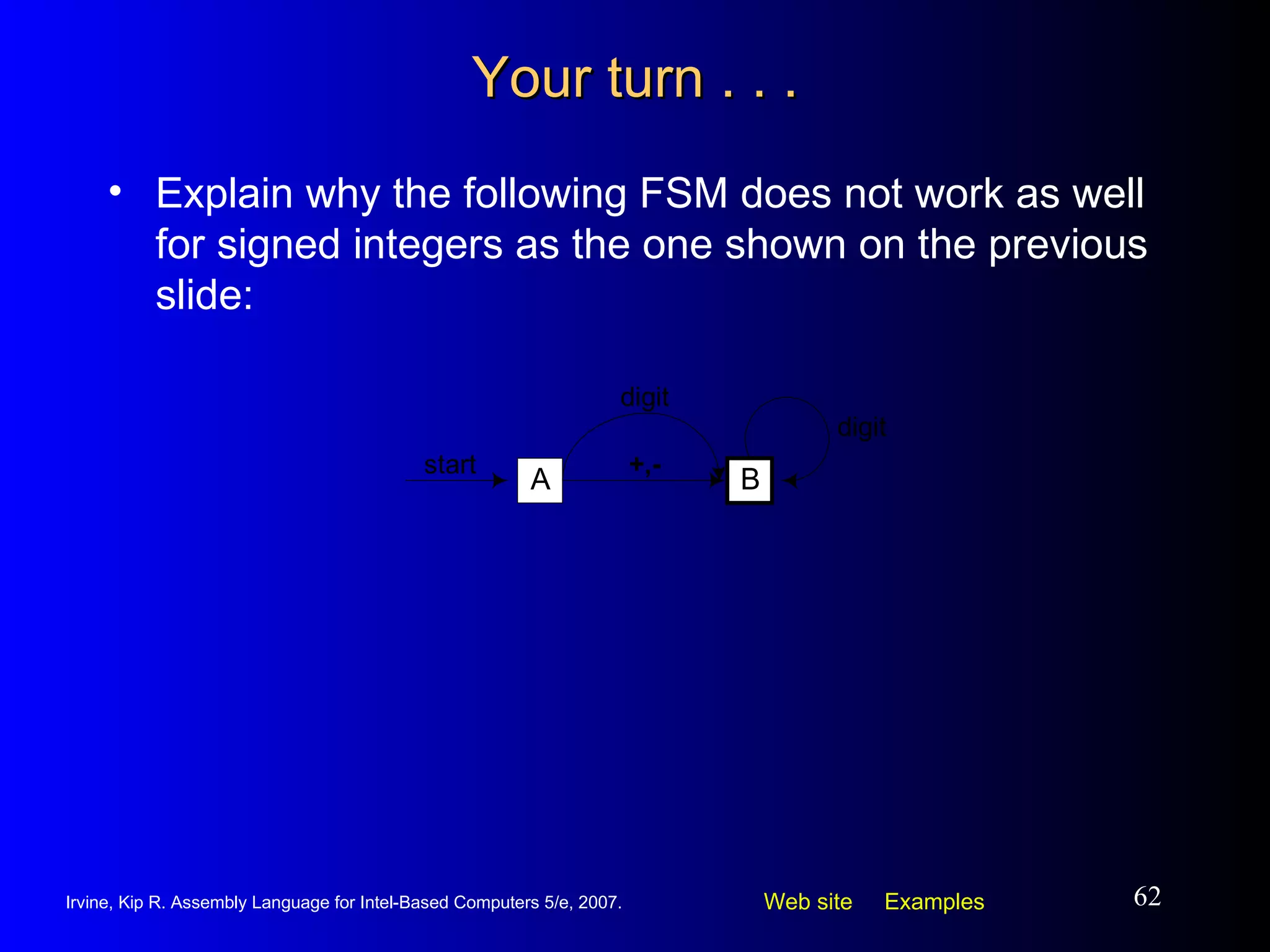 Your turn . . . Explain why the following FSM does not work as well for signed integers as the one shown on the previous slide: 