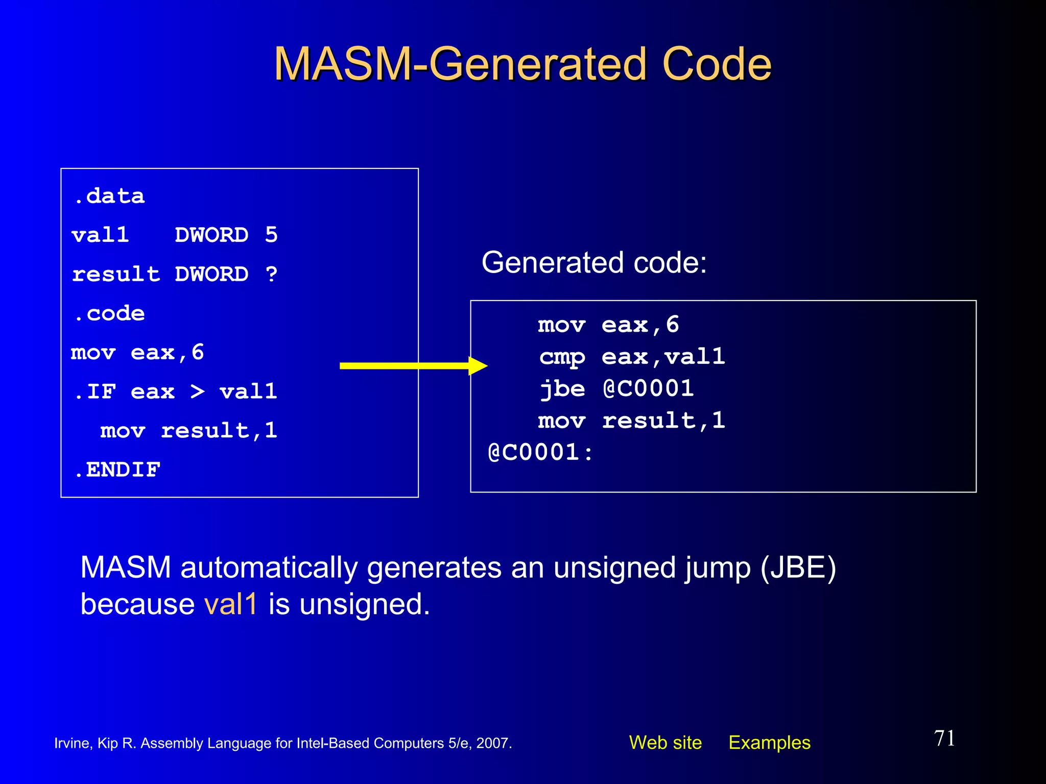 MASM-Generated Code mov eax,6 cmp eax,val1 jbe @C0001  mov result,1 @C0001: .data val1  DWORD 5 result DWORD ? .code mov eax,6 .IF eax > val1 mov result,1 .ENDIF Generated code: MASM automatically generates an unsigned jump (JBE) because  val1  is unsigned. 