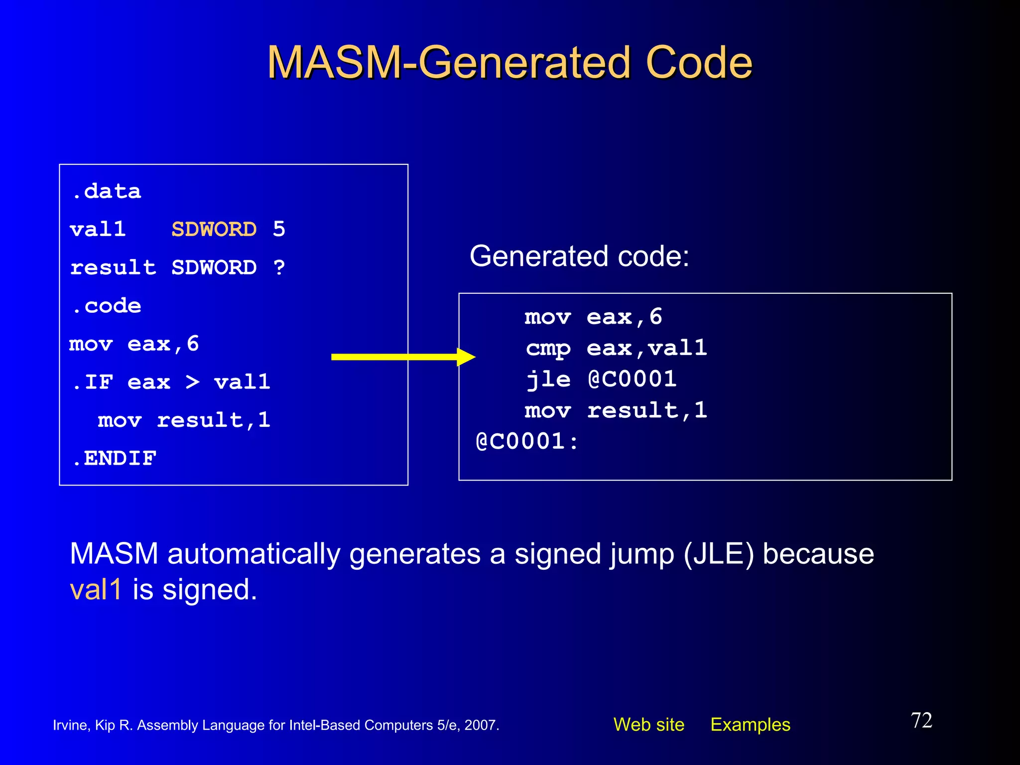 MASM-Generated Code mov eax,6 cmp eax,val1 jle @C0001  mov result,1 @C0001: .data val1  SDWORD  5 result SDWORD ? .code mov eax,6 .IF eax > val1 mov result,1 .ENDIF Generated code: MASM automatically generates a signed jump (JLE) because  val1  is signed. 