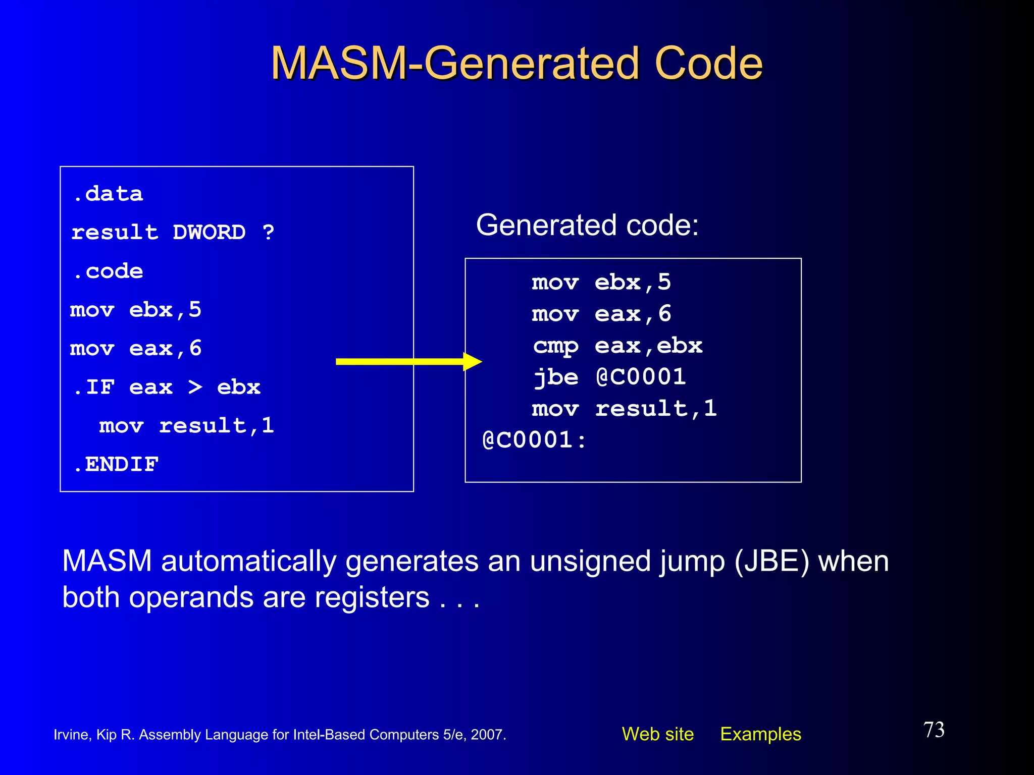 MASM-Generated Code mov ebx,5 mov eax,6 cmp eax,ebx jbe @C0001  mov result,1 @C0001: .data result DWORD ? .code mov ebx,5 mov eax,6 .IF eax > ebx mov result,1 .ENDIF Generated code: MASM automatically generates an unsigned jump (JBE) when both operands are registers . . . 