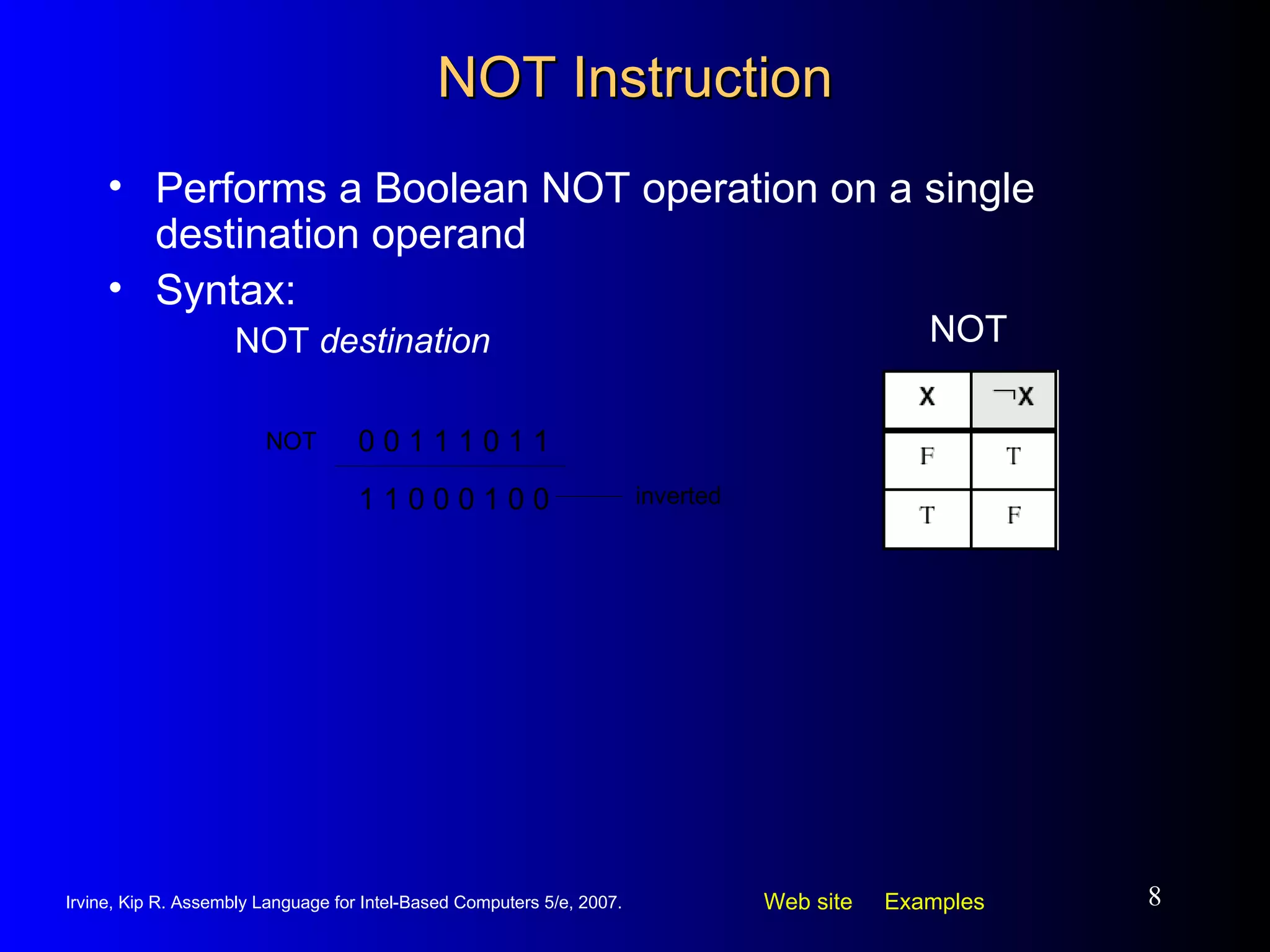 NOT Instruction Performs a Boolean NOT operation on a single destination operand Syntax: NOT  destination NOT 