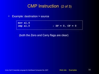 CMP Instruction  (2 of 3) Example: destination > source mov al,6 cmp al,5 ; ZF = 0, CF = 0 (both the Zero and Carry flags are clear) 