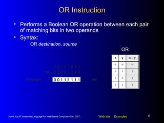 OR Instruction Performs a Boolean OR operation between each pair of matching bits in two operands Syntax: OR  destination, source OR 