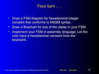 Your turn . . . Draw a FSM diagram for hexadecimal integer constant that conforms to MASM syntax. Draw a flowchart for one of the states in your FSM. Implement your FSM in assembly language. Let the user input a hexadecimal constant from the keyboard. 