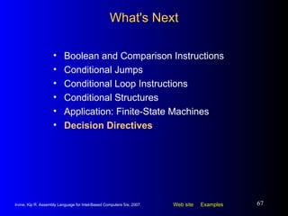 What's Next Boolean and Comparison Instructions Conditional Jumps Conditional Loop Instructions Conditional Structures Application: Finite-State Machines Decision Directives 