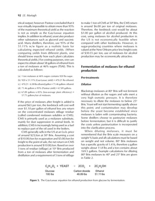 92 J.E. Murtagh
etical output; however Pasteur concluded that it
was virtually impossible to obtain more than 95%
of the maximum theoretical yield as the reaction
is not as simple as the Gay-Lussac equation
implies. In addition to ethanol, yeast also produce
other substances such as glycerol and succinic
acid. Many distillers, therefore, use 95% of the
51.11% w/w figure as a realistic basis for
calculating expected ethanol yields. (When
comparing yields from different plants, one
should know exactly how each plant calculates
theoretical yields.) For costing purposes, one can
expect to obtain about 58 gallons of ethanol from
a ton of molasses at 46% sugars (TSAI). This is
calculated as follows:
(a) 1 ton molasses at 46% sugars contains 920 lbs sugar.
(b) 920 x 51.11% (Gay-Lussac yield) = 470.21 lbs ethanol.
(c) 470.21) 6.58 lbs ethanol/gallon = 71.46 gallons ethanol.
(d) 71.46 gallons x 95% (Pasteur yield) = 67.89 gallons.
(e) 67.89 gallons x 85% (low-average plant efficiency) =
57.71 gallons/ton of molasses.
If the price of molasses after freight is added is
around $65 per ton, the feedstock will cost well
over $1.10 per gallon of ethanol less any return
on the concentrated molasses stillage residue
(called condensed molasses solubles or CMS).
CMS is primarily used as a molasses substitute,
mainly for dust suppression in animal feeds. In
addition, CMS is increasingly being used as a fuel
to replace part of the oil used in the boilers.
CMS generally sells in the US at an f.o.b. price
of around $25/ton at 50o
Brix. Assuming a cost
of $10.00/ton for evaporation and $5.00/ton for
freight to the point of sale, the net return on CMS
production is around $10.00/ton. Based on over
3 tons of residue (stillage) at 10o
Brix produced
from a ton of molasses after fermentation and
distillation and a requirement of 5 tons of stillage
to make 1 ton of CMS at 500
Brix, the CMS return
is around $6.00 per ton of original molasses.
Therefore, the feedstock cost would be about
$1.00 per gallon of alcohol produced. At this
cost, using molasses for alcohol production in
the US is not economically feasible when
compared with other feedstocks. However, in
sugar-producing countries where molasses is
valued at the New Orleans price less freight costs
of $30-35 per ton, use of molasses for alcohol
production may be economically attractive.
Fermentation of molasses for ethanol
production
Pre-treatments
Dilution
Blackstrap molasses at 80o
Brix will not ferment
without dilution as the sugars and salts exert a
very high osmotic pressure. It is therefore
necessary to dilute the molasses to below 25o
Brix. Yeast will not start fermenting rapidly above
this point; and contamination may develop
before the yeast become established since
molasses is laden with contaminating bacteria.
Some distillers choose to pasteurize molasses
before fermentation; but it is difficult to justify
the costs unless pasteurization is incorporated
into the clarification process.
When diluting molasses, it must be
remembered that the Brix scale measures on a
weight % basis and all calculations must be based
on weight and not volume. 80o
Brix molasses
has a specific gravity of 1.416, therefore a gallon
weighs about 11.8 lbs and a ton contains about
169.5 gallons. Example calculations for diluting
800
Brix molasses to 400
and 250
Brix are given
in Table 2.
C6
H12
O6
+ YEAST ÷ 2CO2
+ 2C2
H5
OH
Glucose Carbon dioxide Ethanol
100 lbs 48.89 lbs 51.11 lbs
Figure 5. The Gay-Lussac equation for ethanol production from glucose by fermentation.
 