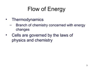 3
Flow of Energy
• Thermodynamics
– Branch of chemistry concerned with energy
changes
• Cells are governed by the laws of
physics and chemistry
 