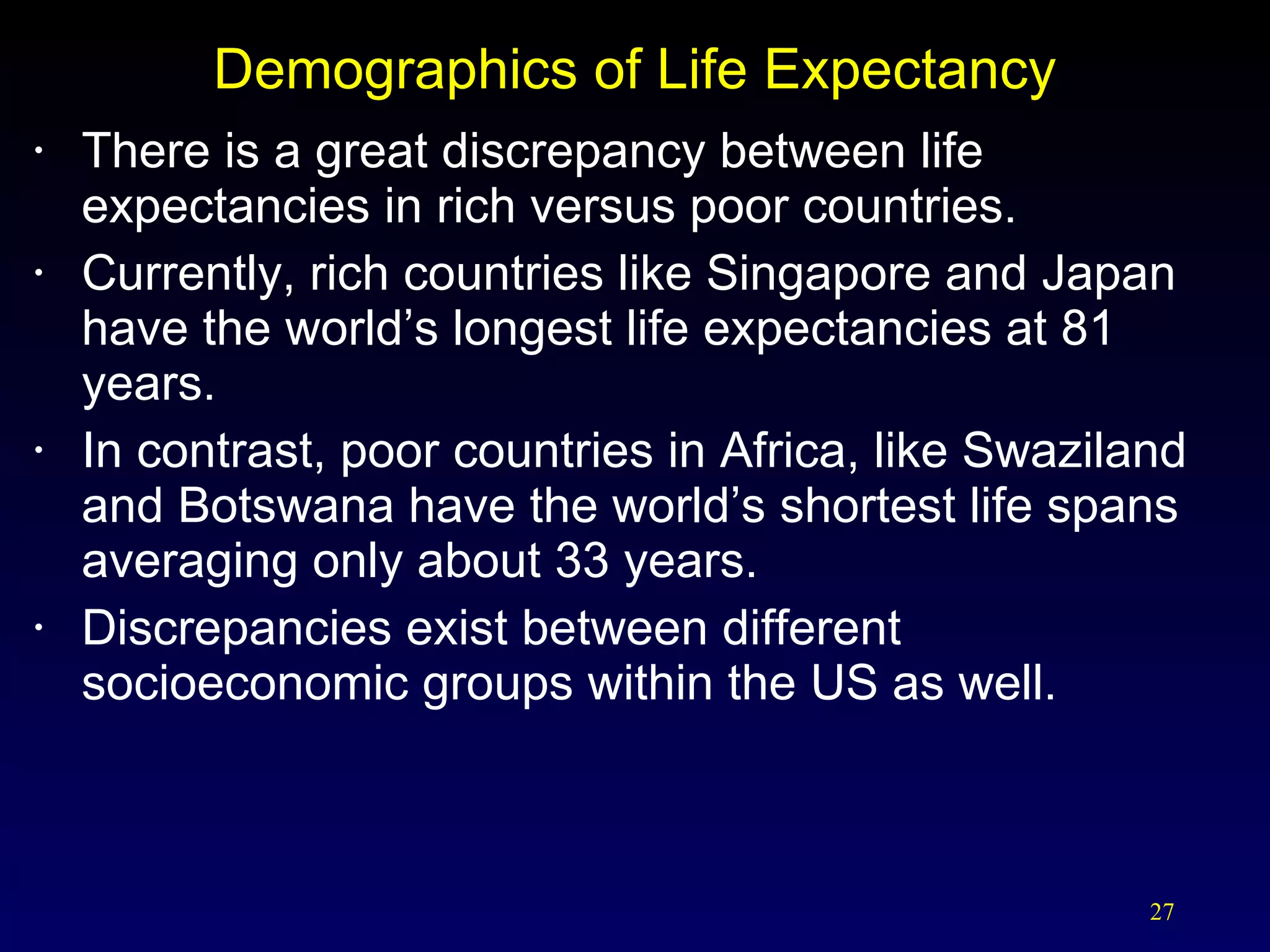 Demographics of Life Expectancy There is a great discrepancy between life expectancies in rich versus poor countries. Currently, rich countries like Singapore and Japan have the world’s longest life expectancies at 81 years. In contrast, poor countries in Africa, like Swaziland and Botswana have the world’s shortest life spans averaging only about 33 years. Discrepancies exist between different socioeconomic groups within the US as well. 