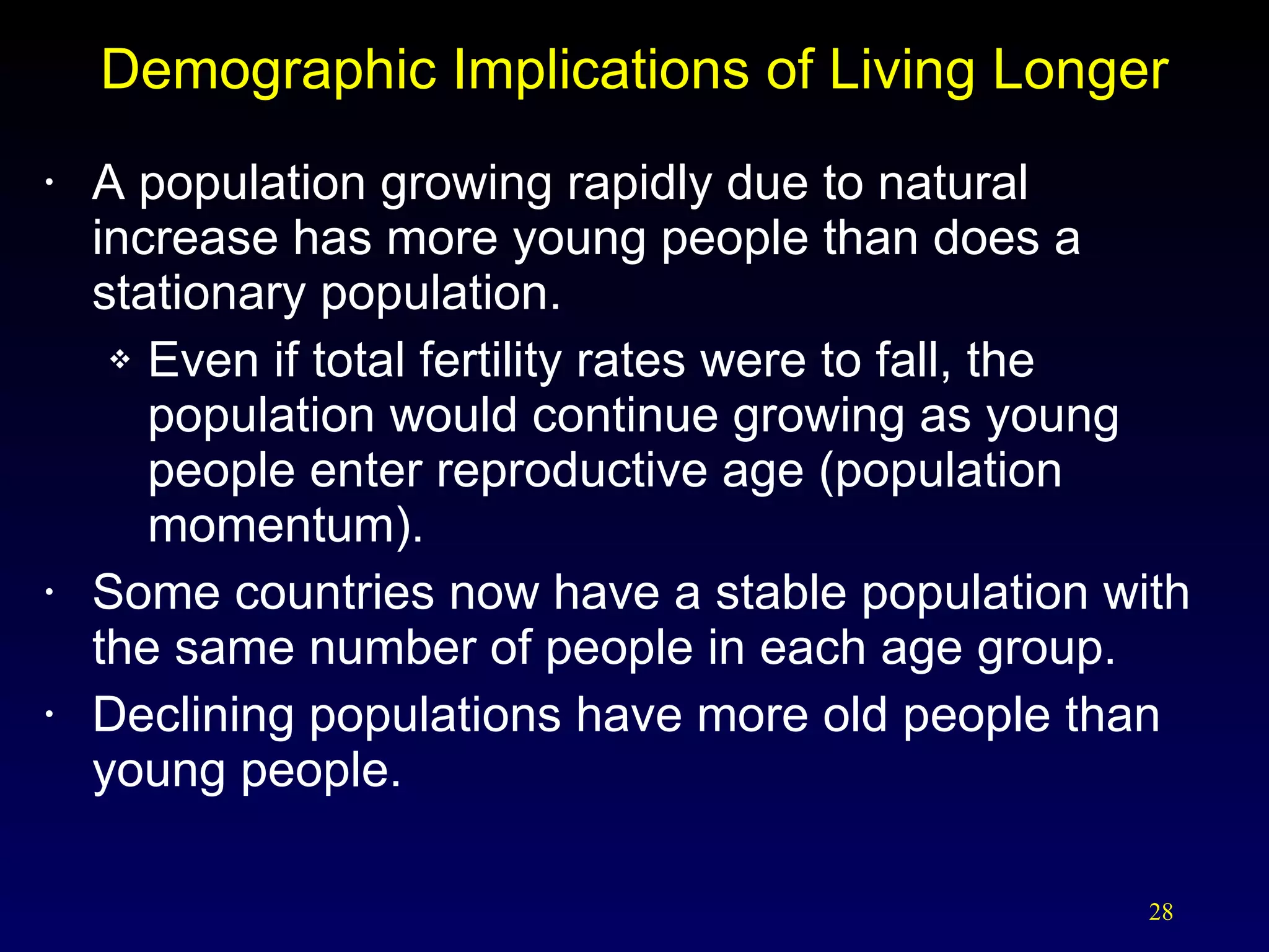 Demographic Implications of Living Longer A population growing rapidly due to natural increase has more young people than does a stationary population. Even if total fertility rates were to fall, the population would continue growing as young people enter reproductive age (population momentum). Some countries now have a stable population with the same number of people in each age group. Declining populations have more old people than young people. 