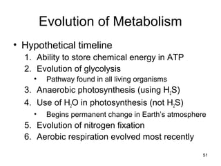 51
Evolution of Metabolism
• Hypothetical timeline
1. Ability to store chemical energy in ATP
2. Evolution of glycolysis
• Pathway found in all living organisms
3. Anaerobic photosynthesis (using H2S)
4. Use of H2O in photosynthesis (not H2S)
• Begins permanent change in Earth’s atmosphere
5. Evolution of nitrogen fixation
6. Aerobic respiration evolved most recently
 