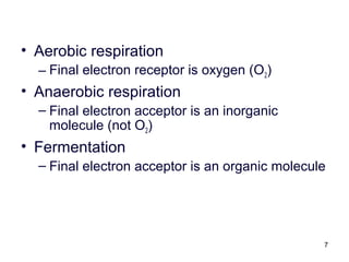 7
• Aerobic respiration
– Final electron receptor is oxygen (O2)
• Anaerobic respiration
– Final electron acceptor is an inorganic
molecule (not O2)
• Fermentation
– Final electron acceptor is an organic molecule
 