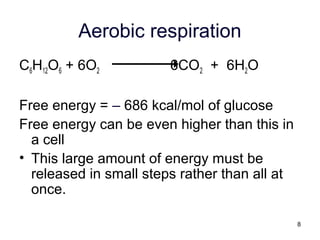 8
Aerobic respiration
C6H12O6 + 6O2 6CO2 + 6H2O
Free energy = – 686 kcal/mol of glucose
Free energy can be even higher than this in
a cell
• This large amount of energy must be
released in small steps rather than all at
once.
 