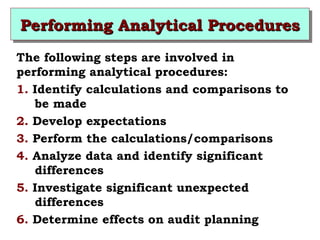 PPPPeeeerrrrffffoooorrrrmmmmiiiinnnngggg AAAAnnnnaaaallllyyyyttttiiiiccccaaaallll PPPPrrrroooocccceeeedddduuuurrrreeeessss 
The following steps are involved in 
performing analytical procedures: 
1. Identify calculations and comparisons to 
be made 
2. Develop expectations 
3. Perform the calculations/comparisons 
4. Analyze data and identify significant 
differences 
5. Investigate significant unexpected 
differences 
6. Determine effects on audit planning 
 