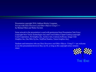 THE END
Presentation copyright 2010, Addison Wesley Longman,
For use with Data Structures and Other Objects Using C++
by Michael Main and Walter Savitch.
Some artwork in the presentation is used with permission from Presentation Task Force
(copyright New Vision Technologies Inc) and Corel Gallery Clipart Catalog (copyright
Corel Corporation, 3G Graphics Inc, Archive Arts, Cartesia Software, Image Club
Graphics Inc, One Mile Up Inc, TechPool Studios, Totem Graphics Inc).
Students and instructors who use Data Structures and Other Objects Using C++ are welcome
to use this presentation however they see fit, so long as this copyright notice remains
intact.
 