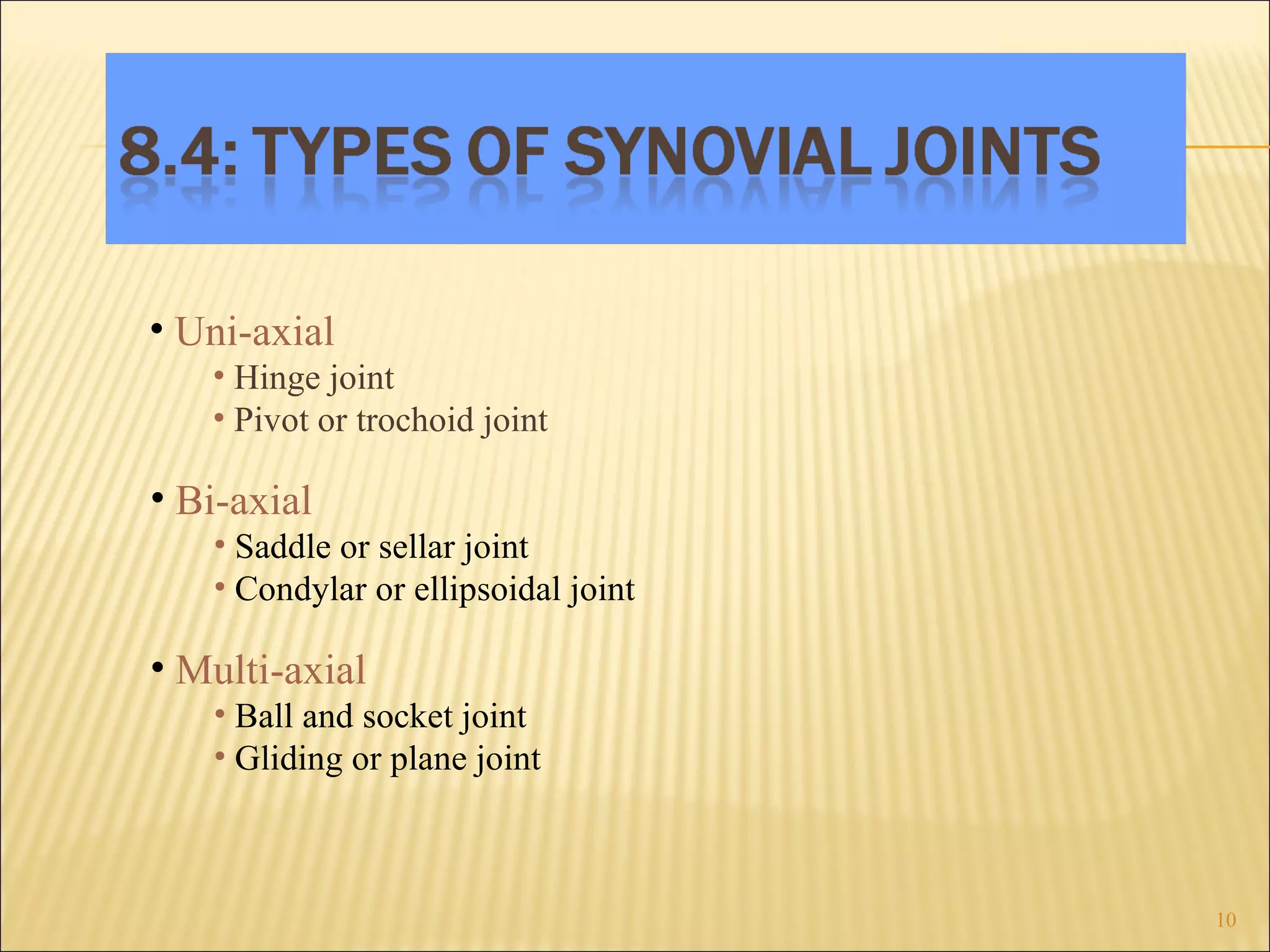 Uni-axial Hinge joint Pivot or trochoid joint Bi-axial Saddle or sellar joint Condylar or ellipsoidal joint Multi-axial Ball and socket joint Gliding or plane joint 