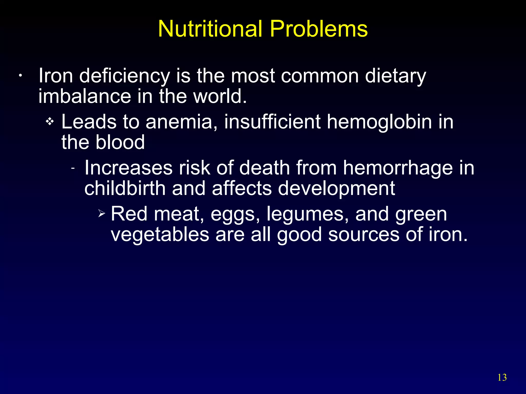 Nutritional Problems Iron deficiency is the most common dietary imbalance in the world. Leads to anemia, insufficient hemoglobin in  the blood Increases risk of death from hemorrhage in childbirth and affects development Red meat, eggs, legumes, and green vegetables are all good sources of iron. 