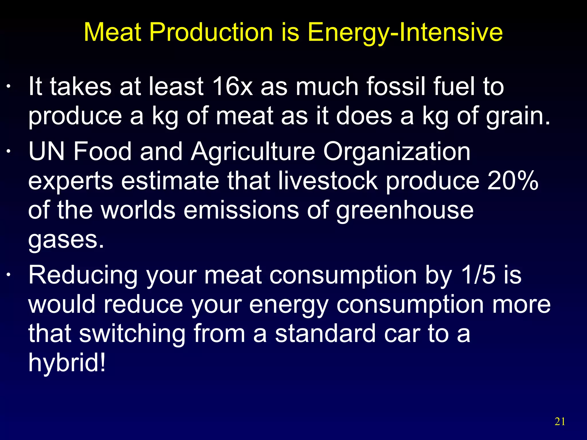 Meat Production is Energy-Intensive It takes at least 16x as much fossil fuel to produce a kg of meat as it does a kg of grain. UN Food and Agriculture Organization experts estimate that livestock produce 20% of the worlds emissions of greenhouse  gases. Reducing your meat consumption by 1/5 is would reduce your energy consumption more that switching from a standard car to a hybrid! 