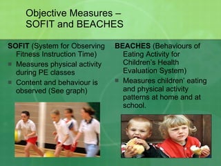 Objective Measures –  SOFIT and BEACHES SOFIT  (System for Observing Fitness Instruction Time) Measures physical activity during PE classes Content and behaviour is observed (See graph) BEACHES  (Behaviours of Eating Activity for Children’s Health Evaluation System) Measures children’ eating and physical activity patterns at home and at school. 