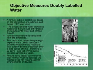 Objective Measures Doubly Labelled Water A form of indirect calorimetry based on the elimination of deuterium and oxygen (18) from urine The doubly labeled water technique measures the turnover of hydrogen and oxygen into water and carbon dioxide Energy expenditure is calculated from the difference.  This method of determining energy expenditure is useful because it enables researchers to measure total carbon dioxide production over a long period of time—from five to 20 days—and yet only requires periodic sampling of urine.  People being tested can continue their normal routines because the method does not require special arrangements or devices. 